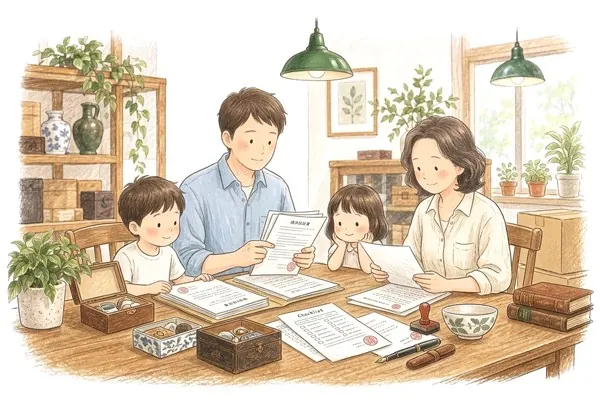 家族でテーブルを囲み、相続手続きの書類や期限のチェックリストを確認しているイラスト