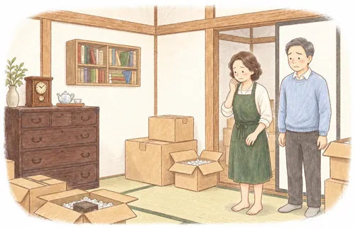 相続した実家の和室で、段ボールや箪笥に残った親の荷物を前に、片付けに悩む夫婦のイラスト